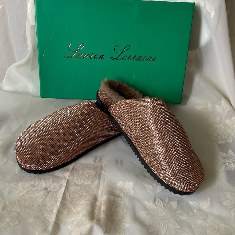 Lauren Lorraine Glittering Brown Slippers/Shoes in Rose Gold SIZE 6.5 new in box